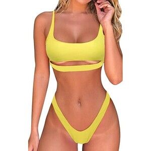 Womens Yellow Bandeau Cheeky Bikini Swimsuit - Small